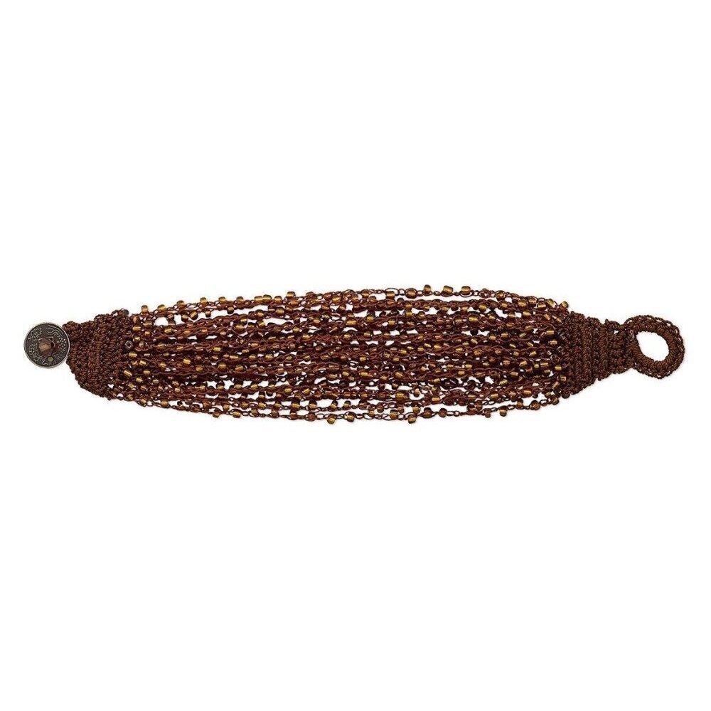 Handcrafted Woven Amber Brown Beaded Glass Bracelet with Coin Clasp